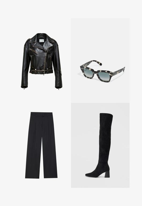 Černá kožená zkrácená motorkářská bunda s kontrastním prošíváním, zipovými kapsami a opaskem v pase. Obsahuje široké klopy a stříbrné kovové prvky.; Černý top s dlouhými rukávy, který má rozšířené manžety, jemnou texturu a volný střih, s jednoduchým kulatým výstřihem.; Černé široké kalhoty s hladkým povrchem, které mají dva přední sklady, pas a žádné viditelné kovové prvky nebo kapsy.; Černé semišové vysoké boty s blokovým podpatkem, špičatou špičkou a hladkým, bezšvovým designem na jednoduchém světlém pozadí.; Sluneční brýle s černobílým vzorem, silným rámem, čtvercovým tvarem a gradientními tónovanými skly. Logo Ray-Ban na straně.; Černá kožená taška s dlouhými ušima, hladkým povrchem a strukturovaným tvarem. Obsahuje přední kapsu pro další úložný prostor.
