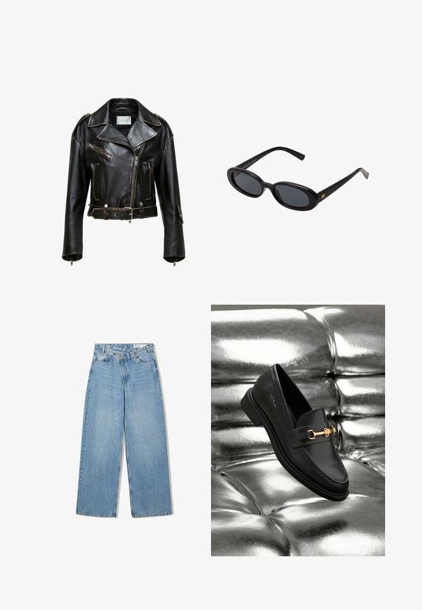 Sort læder motorcykeljakke med cropped design, kontrasterende syninger, lynlåslommer og bælte i taljen. Har brede klapper og sølvfarvede hardware detaljer.; Simpel hvid langærmet skjorte, rund hals, vist fra ryggen, lagt fladt på en hvid baggrund.; Lyseblå vide denimjeans med høj talje, fem lommer, knaplukning og diskret falmning for tekstur.; Sorte læder loafers med en guldfarvet hardware detalje. Skoen har et elegant design og en glat, skinnende overflade.; Store store