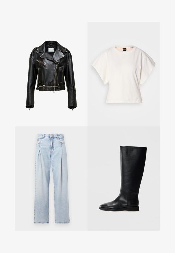 Juodas odinis trumpas motociklininko švarkas su kontrastingomis siūlėmis, užtrauktuku užsegamomis kišenėmis ir dirželiu juosmeniui. Yra plačios apykaklės ir sidabro spalvos detalių akcentai.; Baltas trumpas marškinėliai, plačios trumpomis rankovėmis, minkšta medvilnė, apvali kaklo iškirptė su subtiliu oranžiniu apvadu, minimalus dizainas, be raštų ar grafikų.; Šviesiai mėlyni džinsai su aukštu liemeniu, plačiomis kojomis, dviem šoninėmis kišenėmis ir raukinių dizainu. Minkšta tekstūra su nudilusia apdaila.; Juodos odinės kelio ilgio boot'ai su apvaliu pirštu, lygia tekstūra, minimalistiniu dizainu ir plokščiu padu. Paprasti siuvinėjimo detalės ant šonu.