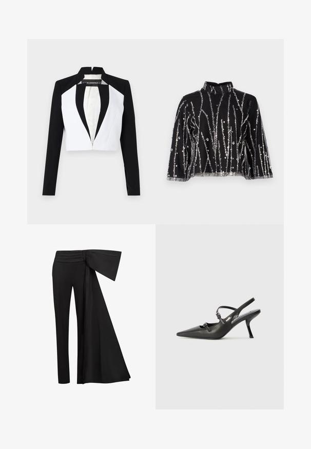 Rövidített blézer fekete és fehér panelekből, hosszú ujjak, és cipzáras elülső rész. Elegáns hajtókás nyakkal és sima szövettextúrával rendelkezik.; Fekete, cropped fazonú felső magas nyakkal, ezüstszínű flitteres függőleges csíkokkal, áttetsző ujjakkal és texturált anyaggal.; Fekete nadrág, széles, drapált övvel a deréknál. Simaságú anyag, egyenes lábszár, és pliszírozott derékbőség.; Fekete bőrszíjjal ellátott magassarkú cipő, hegyes orral, karcsú sarkával és díszes csattal a vamp részén. Simás textúra és elegáns dizájn.
