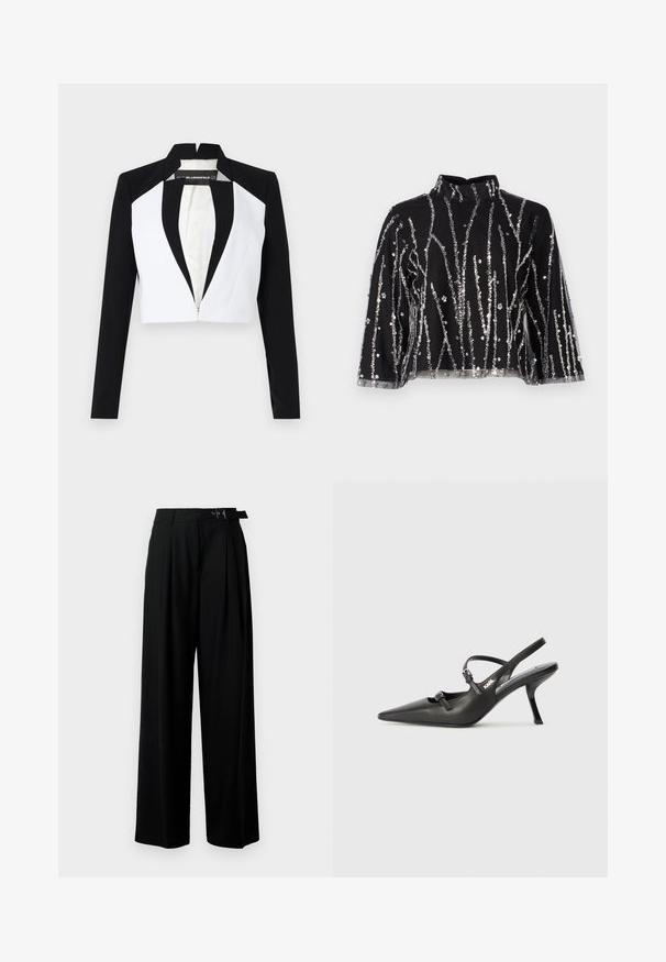 Blazer court avec des panneaux noirs et blancs, manches longues et fermeture éclair à l'avant. Présente un col cranté et une texture de tissu lisse.; Haut court noir à col montant, présentant des lignes verticales en sequins argentés, des manches transparentes et un tissu texturé.; Pantalons larges noirs taille haute, avec des plis à l'avant et une ceinture avec une boucle. Conçus en tissu lisse et léger.; Talons slingback en cuir noir avec un bout pointu, un talon fin et un détail de boucle décorative sur le vamp. Texture lisse et design épuré.