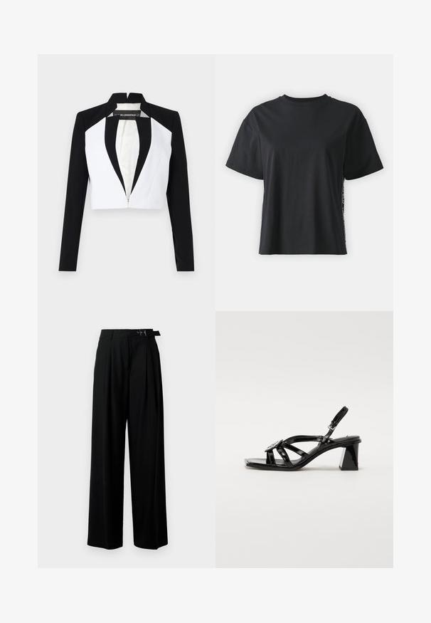 Zúžený blejzer s čierno-bielymi panelmi, dlhými rukávmi a zipsom vpredu. Obsahuje klopený golier a hladkú textúru látky.; Čierne tričko s krátkym rukávom z bavlny, vo voľnom strihu, s kontrastným postranným panelom, na ktorý sú umiestnené malé nápisy a designové detaily.; Čierne široké nohavice s vysokým pásom, skladmi vpredu a opaskom s prackou. Vyrobené z hladkej, ľahkej textílie.; Čierne lakované kožené sandále na vysokom opätku s otvorenou špičkou, širokými remienkami, nastaviteľnou prackou a geometrickým blokovým opätkom.