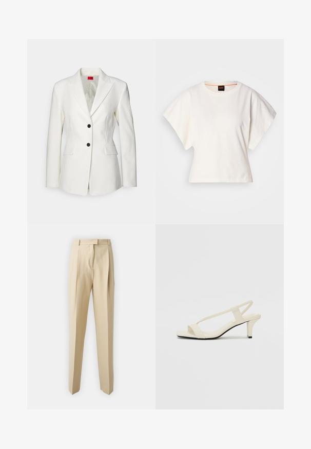 HUGO ASMALLA - Blazer - natural; Witte gecropte T-shirt, korte brede mouwen, zachte katoenmaterialen, ronde halslijn met subtiele oranje rand, minimalistisch ontwerp, geen patronen of graphics.; Beige op maat gemaakte broeken met een rechte snit, voorzien van plooien, een tailleband en een soepele textuur. Geen zichtbare zakken of versieringen.; Beige blockhak sandalen met dunne bandjes en een vierkante neus. Glad materiaal met minimale details, ontworpen voor eenvoudig dragen.