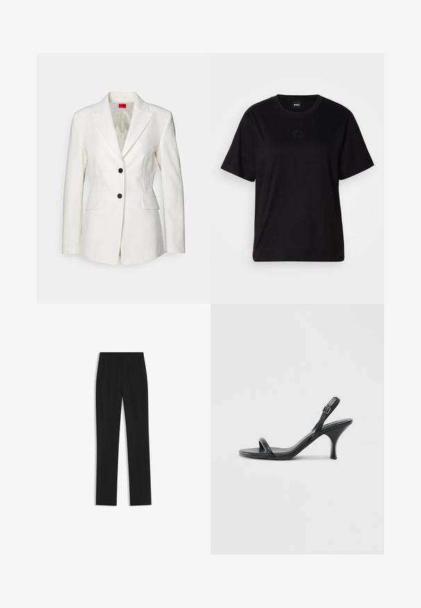 HUGO ASMALLA - Blazer - natural; Black cotton t-shirt with a crew neckline, short sleeves, and an embroidered logo on the chest. Simple, relaxed fit with no patterns.; Black tailored trousers with a straight-leg design, featuring front pockets and a smooth, textured fabric. Neat, minimal detailing.; Black leather high-heeled sandals with a slim, curved heel and a crossed strap design. Adjustable ankle strap. Smooth texture.