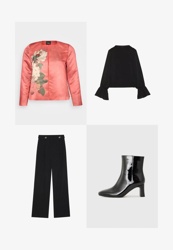 Jachetă din satin coral, cu un imprimeu floral de trandafiri albi și frunze verzi, având un guler rotund și închidere frontală. Include mâneci lungi.; Top negru cu mânecă lungă, cu mansete evazate, textură moale și croială lejeră, având un guler rotund simplu.; Pantaloni negri cu picioare largi, talie înaltă, detalii cu butoane pe talie și pliseuri în față.; Botine negre din piele lacuită, cu vârful ascuțit și toc bloc de înălțime medie. Textură netedă și design minimalist.