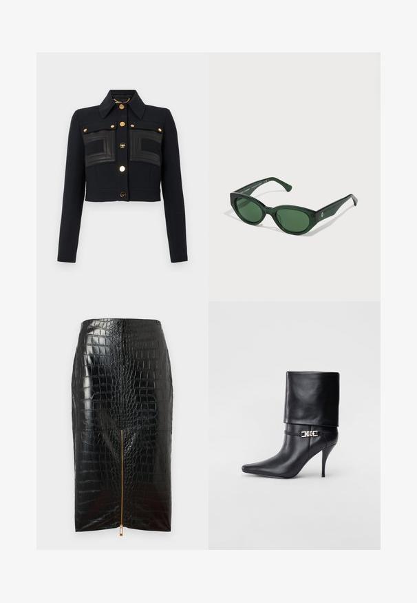Černá zkrácená bunda s dlouhými rukávy, strukturovaným límcem, zlatými knoflíky vpředu a prošitými obdélníkovými koženými panely na hrudi.; Bílá košile s dlouhým rukávem z hladké bavlněné směsi. Obsahuje klasický límec, přední zapínání na knoflíky a zaoblené manžety.; Černá sukně typu tužka z umělé kůže s krokodýlí strukturou, se středovým zlatým zipem a hladkým povrchem.; Černé kožené kotníkové boty s špičatou špičkou, vysokým stiletto podpatkem, ohrnovací manžetou a zlatým ozdobným přezkovým detailem na kotníku.; Zelené sluneční brýle s lesklým povrchem, obdélníkové rámy a tmavozelené čočky. Na straně ramínka mají jemné logo.; Černá kožená kabelka se zlatým držadlem ve tvaru kočky, s předním klopovým uzávěrem, nastavitelným popruhem a detailem loga na dolní přední straně.