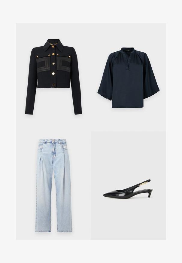 Fekete, rövidített dzseki hosszú ujjal, struktúrált gallérral, arany gombokkal az elején, és varrott téglalap alakú bőrpanel részletekkel a mellrészen.; Tengerészsötétkék blúz, puha selyemtextúrával, osztott nyakkivágással és széles, fodros ujjakkal. Laza szabás a kényelemért.; Világoskék farmernadrág magas derekú, bő szabású, két oldalsó zsebbel és pliszírozott dizájnnal. Puha tapintású, elhalványított felület.; Fekete bőr slingback magassarkúk, hegyes orral, vékony sarkakkal és arany színű részlettel a állítható pánton. Simа felület.