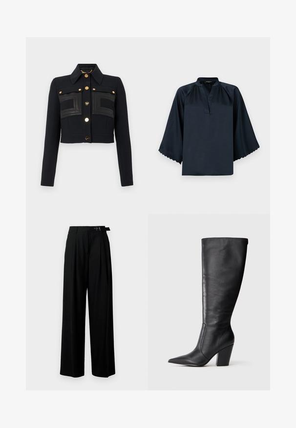 Jaqueta preta curta com mangas longas, colarinho estruturado, botões dourados na frente e detalhes em painéis de couro retangulares costurados no peito.; Blusa azul-marinho com uma textura de cetim suave, decote em V e mangas largas com borda em escamas. Design solto para conforto.; Calças largas pretas de cintura alta, com pregas à frente e um cinto com fivela. Feitas de um tecido liso e leve.; Bota de couro preta até ao joelho com bico apontado e salto alto robusto, apresentada em perfil lateral esquerdo sobre fundo branco.