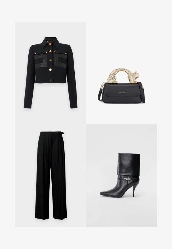 Musta lyhythihaisilla takki, jossa on pitkät hihat, siisti kaulus, kultaiset napit edessä ja ommellut suorakulmaiset nahkapaneelit rintakehässä.; Musta satiinihihaton paita, jossa on syvä pääntie, ohuet hihnat ja sileä, kiiltävä pinta. Yksinkertainen, klassinen muotoilu ilman koristeluita.; Mustat leveät housut korkealla vyötäröllä, etuosassa laskokset ja soljellinen vyö. Valmistettu sileästä ja kevyestä kankaasta.; Musta nahkasaapas nilkkapituudella, teräväkärkinen, korkea stiletto-korko, käännettävä varsi ja kultainen koristeellinen solki nilkassa.; Musta nahkakäsi, jossa on kultainen kissanmuotoinen kahva, etuohjauslaukku, säädettävä hihna ja logotunnus alaosassa.