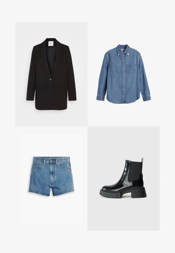 Mustapuku, jossa on yksi nappi, kaksi etutaskua, lovitetut läpät ja sileä pinta. Tunnus näkyvissä kauluksessa.; Vaaleansininen farkkupaita pitkillä hihoilla, terävillä kauluksilla, kahdella rintataskulla ja erottuvalla ompeluajalla. Ominaisuus lännen tyylinen yoke-muotoilu.; Vaaleansiniset farkkushortsit, joissa on viisi taskua, vetoketjukiinnitys ja nappisulku. Helmassa on revitty viimeistely ja rento istuvuus.; Musta nilkkurit, jotka on valmistettu kiiltävästä nahasta ja joissa on joustavat sivupaneelit, vetoketju takana sekä paksu kumipohja, jossa on teksturoitu kulutuspinta.