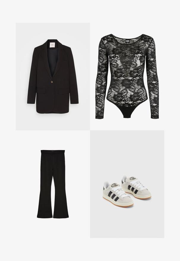 Schwarzer Blazer mit einem einzigen Knopfverschluss, zwei vorderen Taschen, Einschlagkragen und einer glatten Textur. Etikett sichtbar im Kragen.; Schwarzer Spitzenbodysuit mit langen Ärmeln, floralen Mustern und U-Ausschnitt; verfügt am Boden über einen Tanga-Schnitt für eine figurbetonte Silhouette.; Schwarze Schlagleggings aus dehnbarem Stoff. Sie verfügen über einen breiten Bund und eine glatte Textur, mit einer enganliegenden Silhouette, die am Saum ausgestellt ist.; Graue Wildledersneaker mit weißen Schnürsenkeln, schwarzen Streifen und einer weißen Gummisohle. Merkmale sind ein kreisförmiges Logo auf der Zunge und eine Gummisohle.