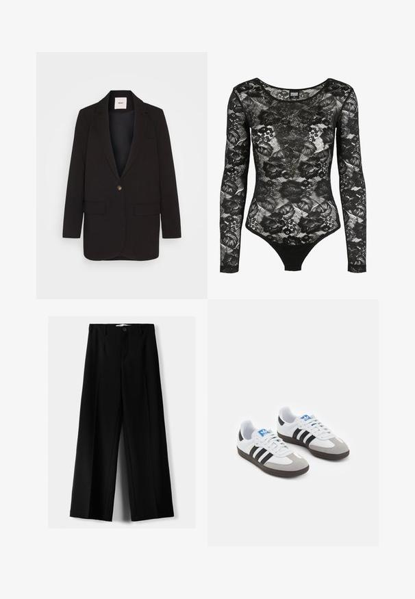 Blazer nero con chiusura a un bottone, due tasche frontali, rever a punta e una superficie liscia. Etichetta visibile all'interno del colletto.; Body in pizzo nero con maniche lunghe, motivi floreali e scollo a barca; presenta un taglio a perizoma nella parte inferiore per una silhouette aderente.; Pantaloni neri a gamba larga realizzati in tessuto leggero, caratterizzati da una chiusura frontale con bottone e frontale piatto, con orli cuciti con precisione.; Scarpe sportive con tomaia in pelle bianca, punta in suede grigia e tre strisce nere. Presentano un logo blu sulla linguetta e una suola in gomma testurizzata.