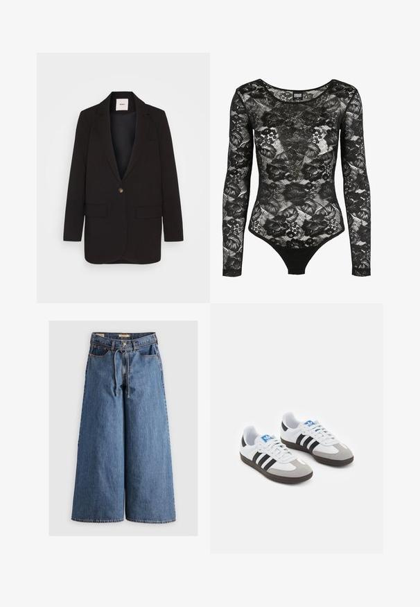 Czarny żakiet zapinany na jeden guzik, z dwoma przednimi kieszeniami, klapami z wycięciem i gładką teksturą. Metka widoczna wewnątrz kołnierza.; Czarny body z koronką, z długimi rękawami, kwiatowymi wzorami i okrągłym dekoltem; ma wycięcie thong na dole, co zapewnia dopasowaną sylwetkę.; Spodnie denimowe o szerokich nogawkach w średnim odcieniu niebieskiego, z wysokim stanem, z sznurkiem w talii, pięcioma kieszeniami oraz kontrastowymi szwami.; Buty sportowe z białą skórzaną cholewką, szarym zamszowym noskiem i trzema czarnymi paskami. Posiadają niebieskie logo na języku oraz teksturowaną gumową podeszwę.