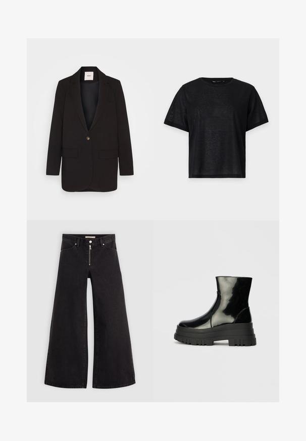 Blazer preto com fecho de um só botão, dois bolsos frontais, lapelas dentadas e uma textura suave. Etiqueta visível na parte interna da gola.; T-shirt preto de manga curta com um corte descontraído, apresentando uma textura suave e um decote redondo. Tecido leve com um brilho subtil.; Calças de ganga de perna larga em denim preto com fecho éclair à frente, design de cinco bolsos e detalhes de costura subtil. Textura suave e estilo casual.; Bota de tornozelo preta e brilhante com sola grossa e arredondada, vista lateral sobre fundo cinza claro.
