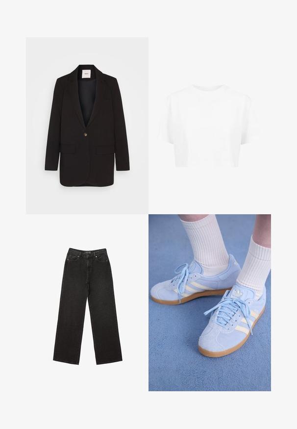 Black blazer with a single button closure, two front pockets, notched lapels, and a smooth texture. Label visible inside the collar.; White cropped t-shirt, short sleeves, round neckline, made of smooth fabric, with no visible patterns or distinct hardware.; Black wide-leg jeans made of denim, featuring small dotted patterns, classic five-pocket design, and a button and zip fly closure.; Light blue suede sneakers with white stripes, flat laces, and a gum rubber sole. Ribbed white socks are worn above the ankle.