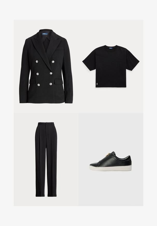 Blazer preto duplo com tecido liso, apresentando botões prateados, lapela com entalhe, dois bolsos frontais e design de corte justo.; Camiseta preta de algodão com mangas curtas, decote redondo e um pequeno logótipo branco na parte inferior esquerda. Ajuste clássico e descontraído, com detalhes mínimos.; Calças pretas ajustadas com uma cintura alta, apresentando pregas na frente, um design de perna reta e bainha com punho. Feitas de tecido suave.; Sapatos pretos de pele, de calçar, com uma costura elevada, detalhe em metal prateado na parte superior e uma sola de borracha branca com uma marcação em relevo.