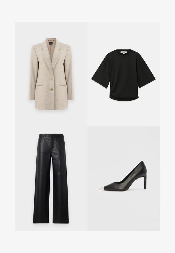 Blazer de espiga beige con solapa con muesca, dos bolsillos frontales y botones en tono dorado. Fabricado con un tejido texturizado y un ajuste entallado.; Camiseta negra de manga corta hecha de algodón suave, con un escote redondo y un corte relajado, con un sutil detalle fruncido en el lateral.; Pantalones de cuero negro de pierna ancha con una textura suave, que cuentan con bolsillos frontales, cierre de botón y sutiles detalles de costura.; Zapato de tacón alto de cuero negro con punta en forma de pico y una tapa metálica plateada. Presenta un acabado suave y un tacón delgado de 10 cm.