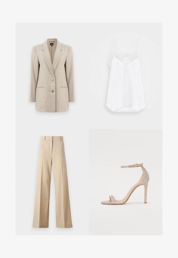 Bež herringbone sako z izrezano reverjem, dvema sprednjima žepoma in gumbom z zlatim odtenkom. Narejen iz teksturirane tkanine s prileganjem.; Bela kamisola z oblikom v-izreza, tankimi naramnicami, strukturirani čipkastimi poudarki na ramenih ter ukrivljenim robom. Gladka tekstura tkanine.; Beige široke hlače iz gladkega materiala, z ravnim odprtjem spredaj in naborki, z vodilom na zadrgo in zankami za pas. Prilagojen kroj.; Jarke visoke pete s trakovi v metalik rožnato zlato, z teksturiranim zgornjim delom, odprtim prstom in zaponko na gležnju v zlatem detajlu.