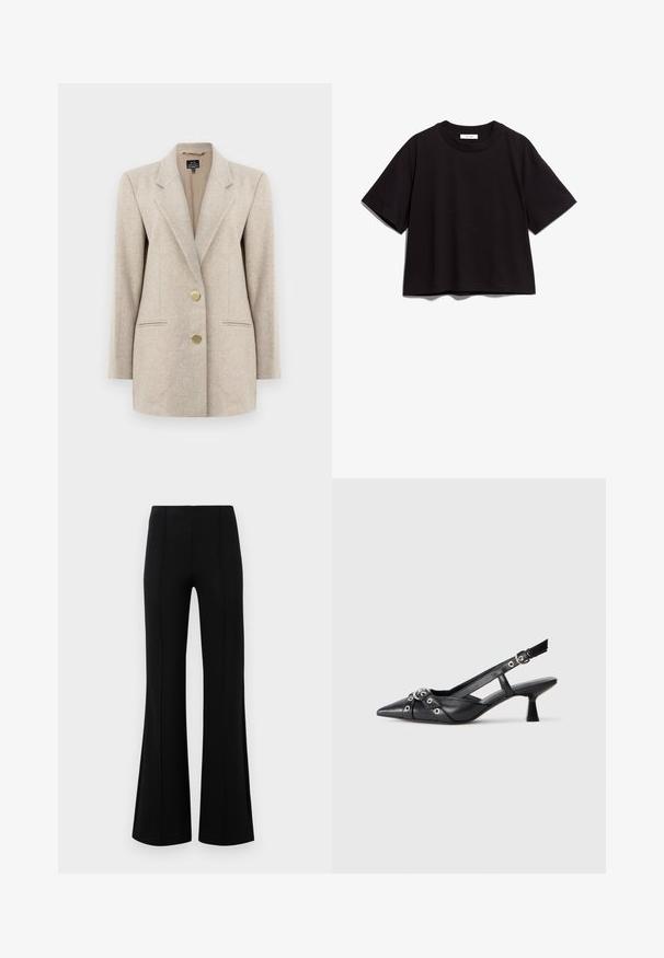 Šviesiai rudas herringbone švarkas su įpjovimu, dviem priekinių kišenėmis ir auksinio tono sagomis. Pagamintas iš tekstūruotos medžiagos, su pritaikytu siluetu.; Juodas medvilnės trumpomis rankovėmis marškinėliai su apvaliu kaklu. Turi atpalaiduotą siluetą ir paprastą, neišpuoštą dizainą.; Juodos plačios kelnės su aukštu liemeniu, pagamintos iš tamprios medžiagos. Priekinėje dalyje yra vertikalūs siūlų akcentai ir lygus paviršius.; Juodas odinis slingback tipo batai su smailiu priekiniu atvartu, dekoratyvinėmis sagtimis su metaliniais akyčiais ir žemu blokiniu kulnu. Saldus paviršius.