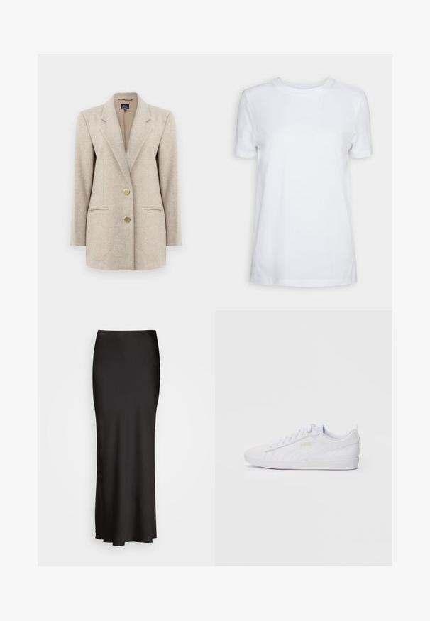 Beige herringbonový blazer s klopovými límci, dvěma předními kapsami a knoflíky ve zlatém odstínu. Vyroben z texturované tkaniny s dobře padnoucím střihem.; Bílý tričko s krátkým rukávem vyrobené z bavlny. Design s kulatým výstřihem, hladká textura a žádné viditelné vzory nebo akcenty. Základní styl.; Černá, dlouhá saténová sukně s hladkou texturou, úzkým pasem a A-liniovým střihem, bez viditelných ozdob nebo vzorů.; Bílé nízké tenisky Puma s šněrováním vpředu, jemným logem na boku a podrážce a hladkým syntetickým svrškem pro volnočasové nošení.