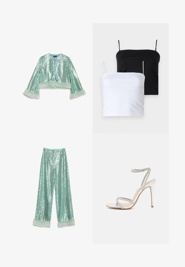 Trumpa, sodriai žalia siuvinėta striukė, apipinta blizgučiais, su raišteliu užsegimu ir pūkuotais, tekstūruotais kailio akcentais ant rankovių.; Du šilti moteriški trumpi marškiniai juodos ir baltos spalvos. Pagaminti iš minkštos medžiagos, su plonomis reguliuojamomis petnešomis. Lygus paviršius, paprastas dizainas, jokių ryškių raštų.; Platus šviesiai mėlynos spalvos šortai su blizgučiais, turintys žvilgantį paviršių ir minkštus dirbtinio kailio akcentus apačioje.; Sidabriniai aukšti kulniukai su plonomis juostelėmis, puošti cirkonių akmenimis, pasižymintys elegantišku dizainu ir smailiu pirštu.