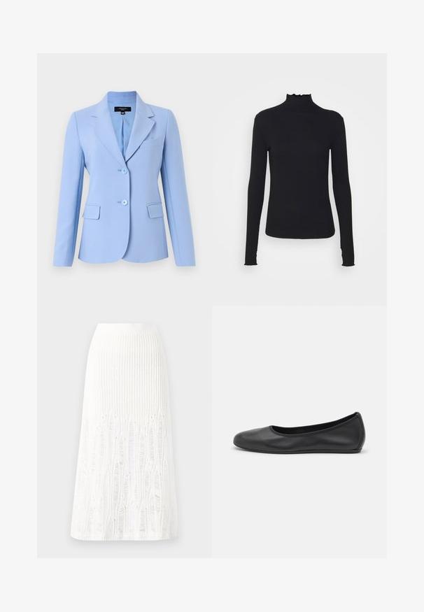 WEEKEND MaxMara UVA - Blazer - light blue; Haut à manches longues noir en col roulé, fabriqué en tissu lisse, présentant un col volanté et une silhouette ajustée avec des bords simples.; Jupe midi en tricot blanche présentant un motif texturé avec des lignes verticales et des découpes près de l'ourlet. Taille élastique. Matériau doux.; Ballerines en cuir noir avec un bout rond, texture lisse, détails de couture minimalistes et design de semelle flexible.