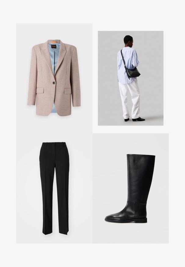 Kockás minta világos rózsaszín és bézs árnyalatokban. Jellemzője a cakkos gallér, elülső gombos záródás és két oldalsó zseb. Kék bélés látható.; Fehér, rövid, bő ujjú, crop szabású póló, puha pamut anyagból, kerek nyakkivágással, finom narancssárga díszítéssel, minimalista dizájn, minta vagy grafika nélkül.; Fekete, testhezálló nadrág egyenes szárú kivitelben, sima textúrával és éles redőkkel az elején. Nincs látható fémalkatrész.; Fekete bőrből készült, térd fölé érő csizma, lekerekített orral, sima felülettel, minimalista dizájnnal és lapos talppal. Egyszerű varrási részletek a szárán.; Fekete bőr válltáska puha tapintással, háromszög alakú, állítható pánttal, világoskék csíkos inggel és fehér nadrággal párosítva.