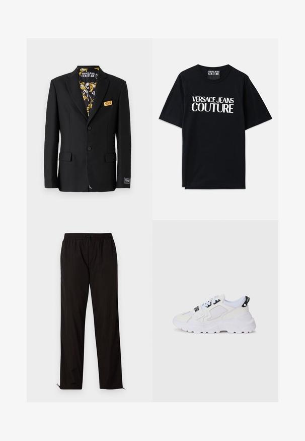 Juodas švarkas su dviem mygtukais, įpjautomis atvartais ir šoniniais kišenėmis. Išlydėtas raštuota medžiaga su auksinėmis ir baltomis detalėmis. Etiketė kišenėje.; Juoda medvilninė marškinėliai su trumpomis rankovėmis, ant priekinės dalies su dideliais baltais užrašais "VERSACE JEANS COUTURE". Klasikinio apvalaus kaklo dizainas.; Juodos lengvos kelnės su elastingu juosmeniu, raišteliu ir užtrauktukais apačioje, kad būtų galima pritaikyti dydį. Lygus, glotnus paviršius.; Baltos sportinės kedai su tinkleliu viršuje, storu padu ir juodomis detalėmis bei atspaustu prekės ženklu. Tekstūruotas ir struktūruotas dizainas.