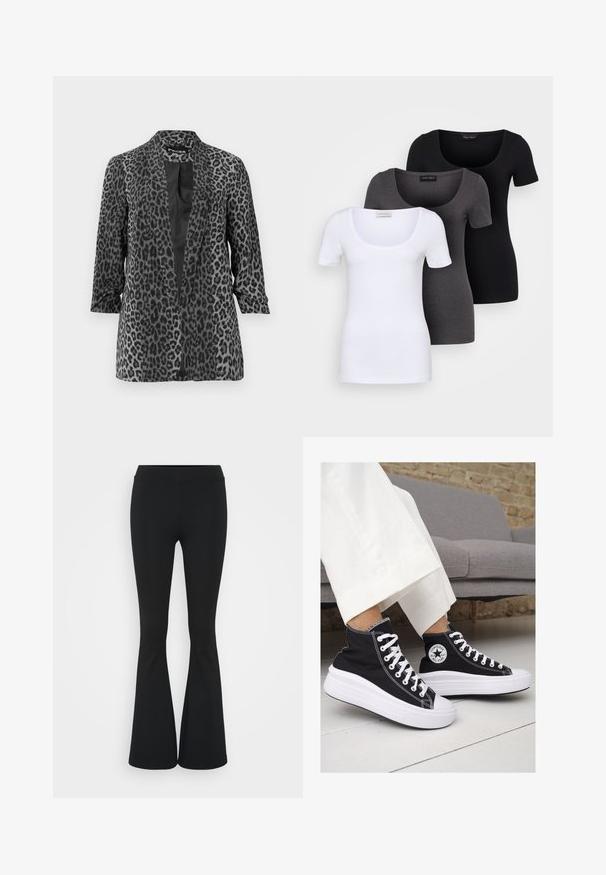 Must ja hall leopardimustriga bleiser, millel on pikad varrukad, avatud eesmine osa ja sile kangas. Omab rätsepa kaelust ja mugavat lõiget.; Kolm mugavat T-särki valges, hallis ja mustas värvitoonis. Igal särgil on lai madal kaelus ja lühikesed varrukad. Valmistatud siledast, venivast kangast.; Mustad flared püksid venivast kangast, kõrge vöökoht ja sile tekstuur. Püksid laienevad põlve kohalt.; Mustad musträgiga kõrge vars sneakerid valgete kummist tallade ja paeltega. Küljel on ringikujuline logo ja kontrastne valge õmblus.