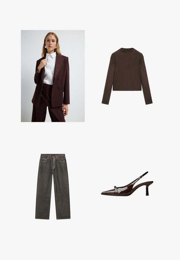 Vrouw in een donkerbruin gestreept pak met een wit knoopshirt en zilveren creolen, tegen een lichtgrijze achtergrond.; Donkerbruine trui met lange mouwen, ronde hals, iets cropped pasvorm en een eenvoudig, naadloos ontwerp.; Donkergrijze wijde jeans van denim, met een klassiek vijf-pocket ontwerp, stevige stiksels en een ritssluiting met knoopsluiting.; Bruine gepatineerde leren slingback schoen met een spitse neus, lage hak en een decoratieve strikaccent aan de voorkant. Glad, glanzend oppervlak.