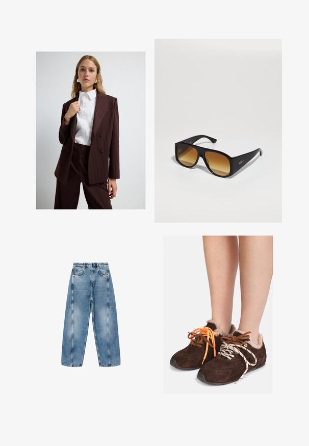 Kobieta w ciemnobrązowym garniturze w prążki, z białą koszulą zapinaną na guziki i srebrnymi kolczykami w kształcie kół, na jasnoszarym tle.; Szary krótkostrzyżony sweter wykonany z miękkiego, puszystego materiału. Posiada długie rękawy i okrągły dekolt, z gładką, lekką teksturą.; Biała koszulka z krótkim rękawem, wykonana z miękkiej bawełny, z okrągłym dekoltem i luźnym krojem z podwiniętymi detalami. Bez wzorów ani akcentów.; Jasnoniebieskie dżinsy charakteryzują się luźnym krojem, dużymi kieszeniami i kontrastowym przeszyciem. Materiał ma wyblakłe wykończenie o gładkiej teksturze.; Brązowe zamszowe buty wsuwane z futrzanym wykończeniem noszone na gołych stopach, z niedopasowanymi sznurówkami: jedna pomarańczowa i jedna biała w czarne paski.; Czarne prostokątne okulary przeciwsłoneczne z brązowymi gradientowymi soczewkami. Wykonane z tworzywa sztucznego, z gładką powierzchnią i subtelnym złotym logo na zausznicy.