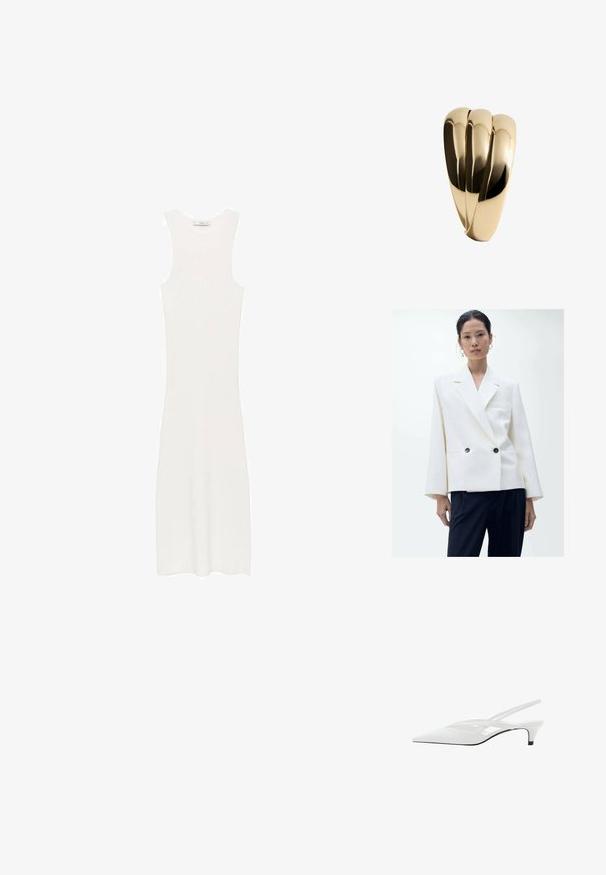 Sacou alb cu două rânduri de nasturi, cu revere tăiate, două nasturi negri și mâneci lungi, asortat cu pantaloni închisi. Textură de material neted.; Rochie albă, fără mâneci, din tricot cu model în relief, cu o siluetă ajustată, care ajunge sub genunchi. Design simplu și minimalist, fără modele sau accesorii.; Sandale albe cu toc slingback și vârf ascuțit, având un upper neted, decupaje subtile și un toc bloc mic. Talpa neagră accentuează designul.; Geantă de umăr din piele crem, cu o formă de semilună, curea subțire și detalii de cusătură discrete. Design minimalist cu accente din metal placat cu aur.; Mango Brăţară - gold-coloured