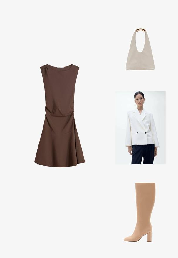 Dvojnastopni beli blejzer z žepi, dvema črnima gumboma in dolgimi rokavi, kombiniran s temnimi hlačami. Gladka tekstura blaga.; Brezrokavni rjav obleko do kolen z okroglim izrezom in rahlim stranskim gubanjem, razširjenim krilom na enobarvni beli podlagi.; Bodene visoke nude čizme z gladko mat površino, špičastim nosom in trdno blok peto. Klasična silhueta, eleganten dizajn, brez vidnih dodatkov.; Svetlo siva usnjena torba z U-oblika zasnovo in ukrivljenim kovinskim ročajem. Gladka tekstura z minimalnim šivom in brez vidnih vzorcev.