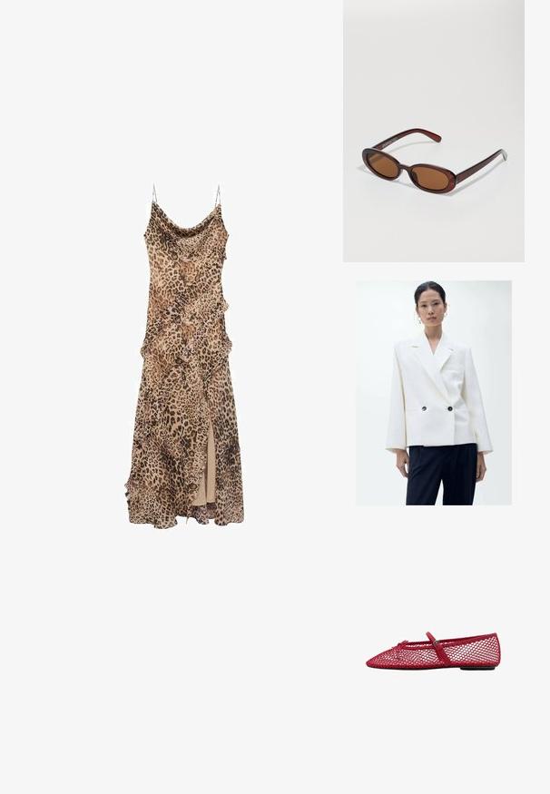 Dvoslojni bijeli sako s izrezom na reveru, dva crna gumba i dugim rukavima, u kombinaciji s tamnim hlačama. Glatka tekstura tkanine.; Haljina s leopard uzorkom sa drapiranim dizajnom, koja sadrži volane duž rubova i prorez do bedra. Izrađena od lagane tkanine s trakama poput špageta.; Crvene mrežaste balerinke s izrezanim vrhom, s tankom trakicom i detaljem kopče. Gornji dio ima otvoreni uzorak u obliku saća.; Okvir okruglih, smeđkastih sunčanih naočala s sjajnim burgundskim okvirom. Uski nositelji s suptilnim brendiranjem. Ravna leća.