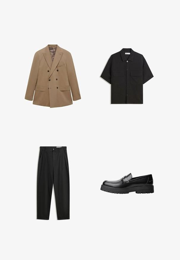 Double-breasted beige blazer made of textured fabric, featuring two front pockets, notched lapels, and brown buttons. Lightweight design.; Black short-sleeve shirt made of fabric with a smooth texture, features two front pockets, a classic collar, and button closure.; Black cotton trousers with a relaxed fit, featuring a classic waistband, front pleats, and side pockets. Smooth texture without patterns.; Black leather loafer with chunky treaded sole and decorative strap across the upper, shown in left side profile on white background.