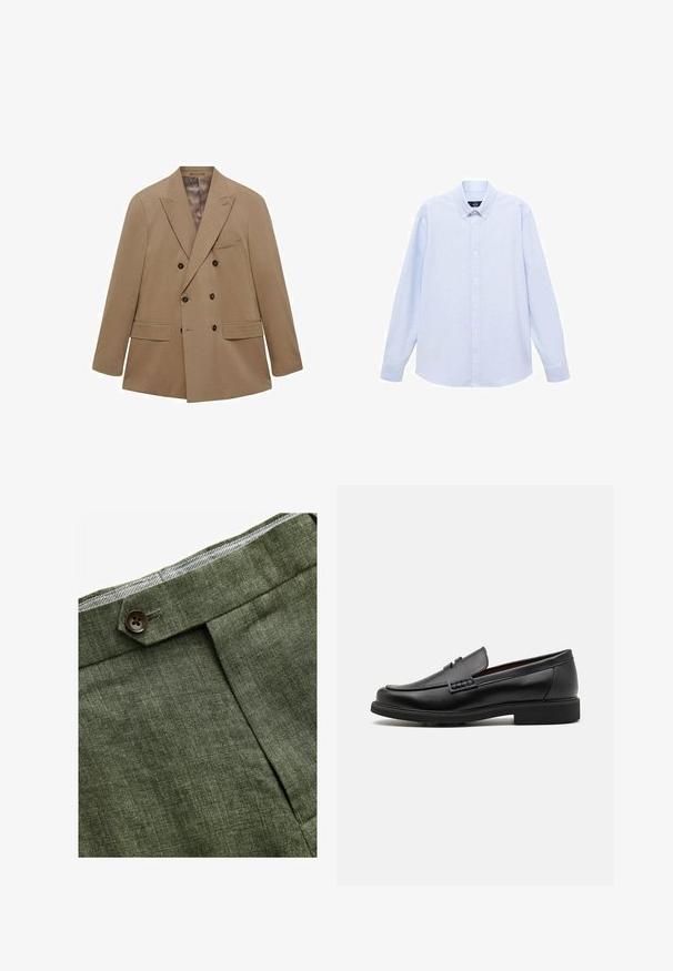 Blazer beige doppiopetto realizzato in tessuto testurizzato, caratterizzato da due tasche frontali, rever a punta e bottoni marroni. Design leggero.; Camicia azzurra a maniche lunghe con colletto classico, orlo dritto e una trama sottile. Presenta una chiusura centrale con bottoni.; Pantaloni in lino verde oliva con piega frontale, dotati di chiusura con bottone e una fodera a quadretti a contrasto nella cintura.; Mocassini sintetici neri con una spessa cucitura frontale, soletta imbottita e suola piatta in gomma; design elegante con dettagli minimi.