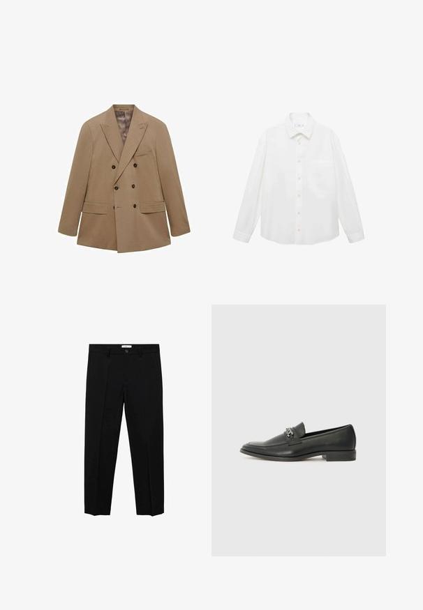 Bež dvoredni sako od strukturirane tkanine, s dva prednja džepa, reverima i smeškastim dugmadima. Lagani dizajn.; Mango ANTARES - Majica - white; Crne krojene hlače ravnog kroja, s jednim dugmetom, petljama za remen i prednjim nabranim detaljima. Izrađene od glatkog materijala.; Crna kožna loafer cipela s glatkom finišem, s ušivenim uzorkom i dekorativnim metalnim lancem preko prednjeg dijela. Ravni potplat.