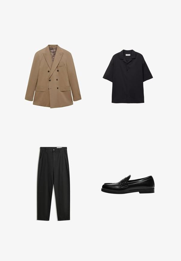 Sacou bej cu două rânduri de butoni, realizat dintr-un material texturat, având două buzunare frontale, rever cu capse și butoane maro. Design ușor.; Cămașă neagră cu mânecă scurtă, dintr-un material neted, cu guler pliat și o croială lejeră. Are cinci butoni frontali și fără modele.; Pantaloni negri din bumbac cu croială lejeră, având un brâu clasic, plii frontale și buzunare laterale. Textură netedă fără modele.; Loafers din piele neagră cu un finisaj neted, având un detaliu de cusătură pe gât și o talpă joasă din cauciuc negru solid.