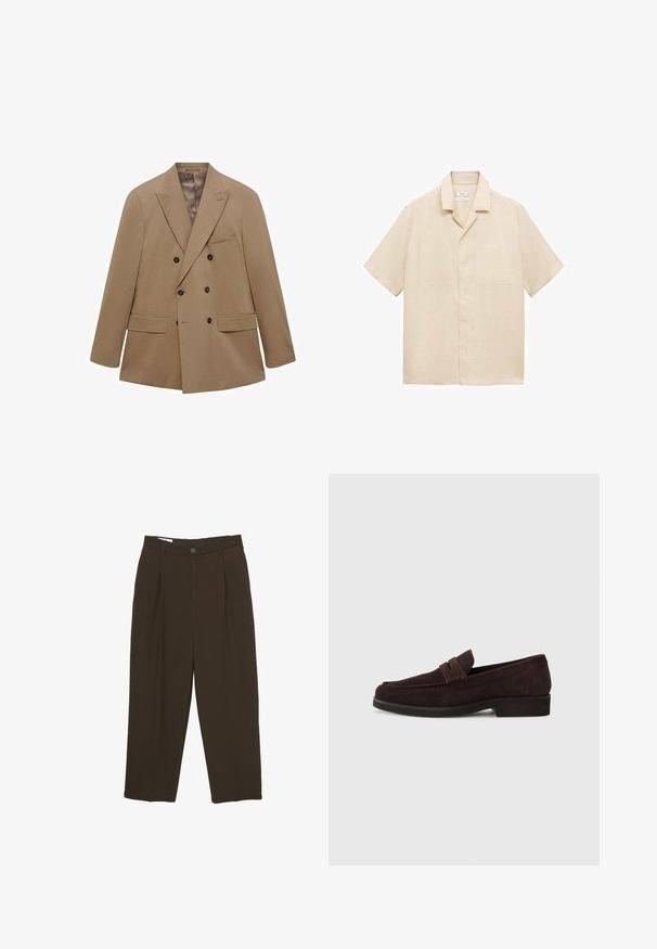 Bež dvoredni sako od strukturirane tkanine, s dva prednja džepa, reverima i smeškastim dugmadima. Lagani dizajn.; Bežena košulja s kratkim rukavima od lana, s kragnom, dva džepa na prsima i prednjim gumbima. Glatka tekstura i opušteni kroj.; Tamno smeđi krojeni hlače s prednjim plisama, s petljama za remen i dugmetom za zatvaranje u struku.; Smeđe gamošne mokasine s niskim profilom i okruglim vrhom. Imaju ukrasnu traku preko gornjeg dijela, ravni gumeni potplat i bez vidljivih šavova.