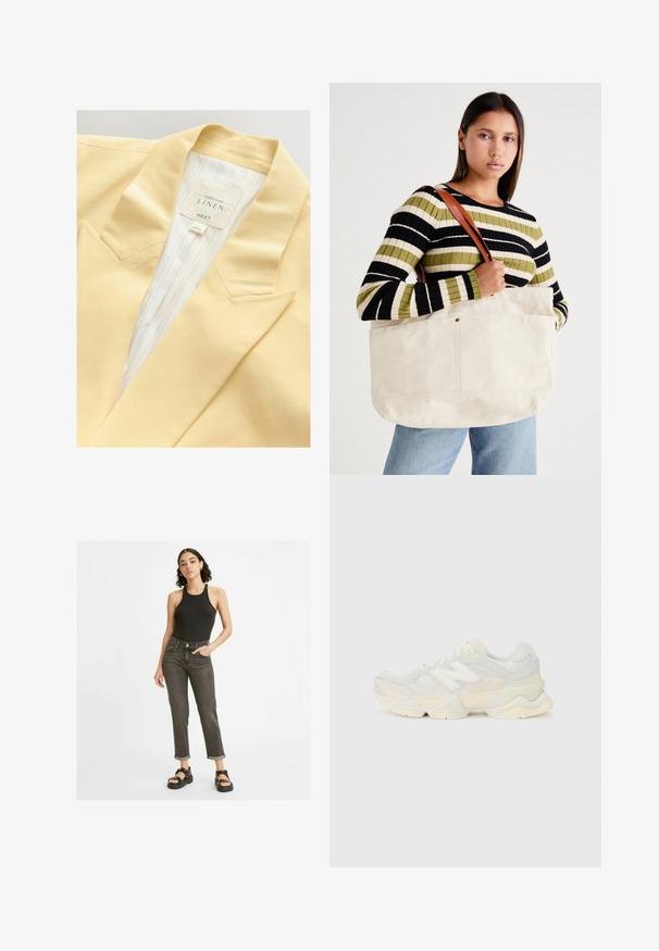 Blazer en lin jaune avec un col cranté et une doublure intérieure rayée. L'étiquette indique la composition du matériau et la marque.; Haut sans manches blanc avec un col rond. Fabriqué en tissu lisse, il présente une coupe décontractée et un design minimaliste. Pas de motifs ni d'accents.; Un débardeur noir à côtes, un jean gris foncé taille haute avec des ourlets retroussés, et des sandales noires épaisses. Tenue décontractée et ajustée.; Sneaker léger avec une tige en maille et en daim dans des teintes crèmes douces, doté d'une semelle épaisse et d'accents tridimensionnels.; Grand sac fourre-tout en toile beige avec des poignées en cuir marron, présentant un design minimal et des accents de couture visibles.