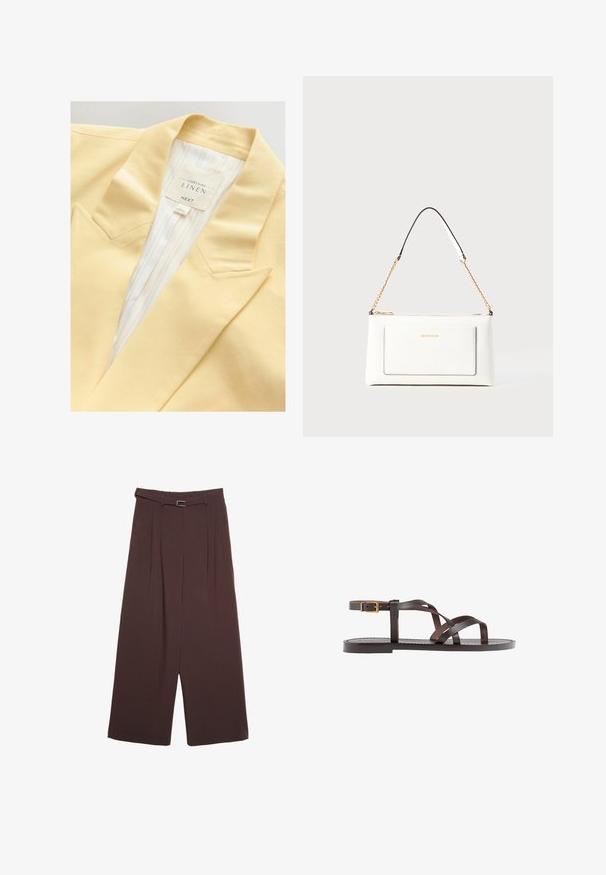 Gelber Leinenblazer mit einem geschlitzten Revers und gestreifter Innenauskleidung. Das Etikett gibt die Materialzusammensetzung und die Marke an.; Weißes T-Shirt mit kurzen Ärmeln aus Baumwolle. Hat einen Rundhalsausschnitt und eine lockere Passform. Glatte Textur ohne sichtbare Muster oder Akzente.; Stradivarius WIDE-LEG WITH BUCKLE DETAIL - Stoffhose - dark brown; Braune Leder-Sandale mit überkreuzten Riemen, einem Knöchelriemen mit Schnalle und einer flachen Sohle mit minimalen Nähdetails.; Weißes Lederhandtasche mit strukturierter Oberfläche, ausgestattet mit einem goldenen Kettenriemen und schwarzen Akzenten. Enthält eine Fronttasche und einen Reißverschluss.