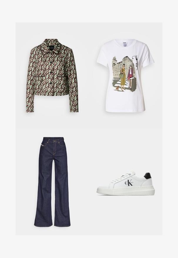 Marc Cain Blazer - dark wood; T-shirt bianca in cotone con un'illustrazione stampata di due donne in stili di moda urbana con un cane su un attraversamento pedonale e edifici della città.; Jeans a gamba larga di denim blu scuro con vita alta, caratterizzati da cuciture arancioni, design a cinque tasche e chiusura con bottone.; Sneaker bassa bianca con tassello nero sul tallone, suola a piattaforma, lacci e logo "CK" di Calvin Klein sul lato.