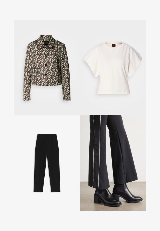 Marc Cain Blazer - dark wood; T-shirt blanc cintré, manches courtes et larges, en coton doux, décolleté rond avec une discrète bordure orange, design minimaliste, sans motifs ni graphiques.; Pantalon noir à coupe droite, avec des plis doubles, une texture lisse et un design de taille classique. Pas de matériel ou d'accents visibles.; Bottines en cuir Noir avec un talon bloc, dotées de panneaux élastiques sur les côtés. Associées à un pantalon noir avec une rayure blanche sur le côté.