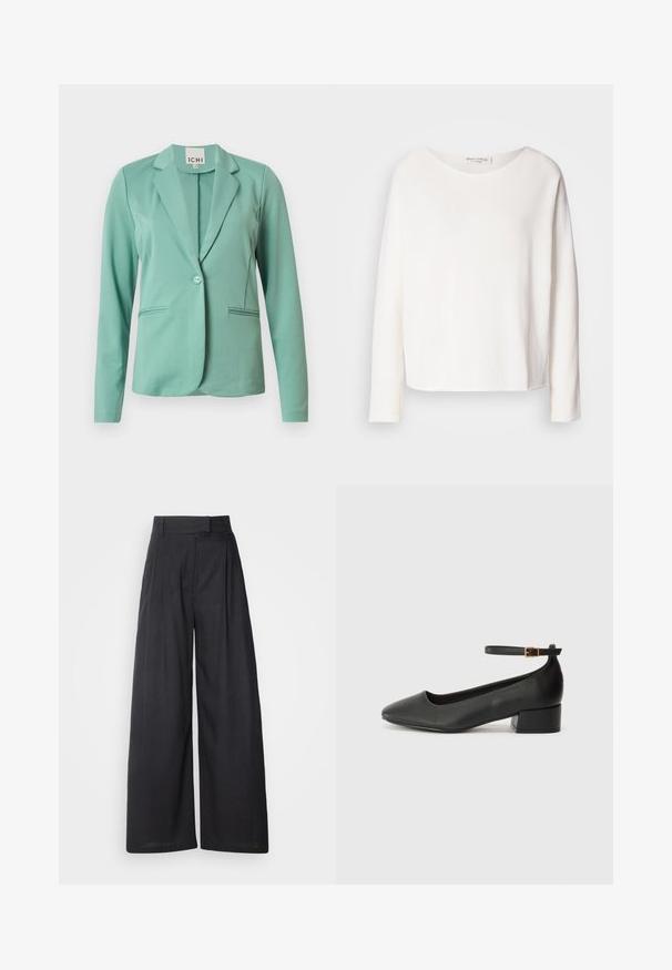 Mint vihreä bleiseri, jossa on yksittäinen nappisulku, lovetut läpät, kaksi etupussia ja sileä pinta. Brändilogo näkyvissä kauluksessa.; Pitkähihaisessa, pyöreäkaula-aukkoisessa paidassa on pehmeä, kevyt valkoinen kangas ja rento mitoitus. Tässä on siisti helma eikä näkyvää kiinnitysmateriaalia.; Tumma, leveälahkeiset housut, joissa on rakenteellinen vyötärö ja laskokset. Valmistettu kevyestä kankaasta, jolla on sileä pinta ja ei näkyviä kuvioita.; Mustat nahkakengät, joissa on terävä kärki ja matala lohkare korko. Varustettu nilkkahihnalla, jossa on kultasävyinen solki. Lisää sileä pinta.