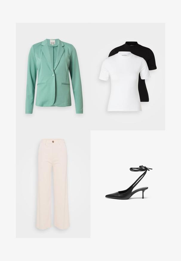 Miętowy żakiet z pojedynczym zapięciem na guzik, klapami, dwoma przednimi kieszeniami i gładką fakturą. Etykieta marki widoczna wewnątrz kołnierza.; Even&Odd Petite 2 PACK - T-shirt basic; Spodnie o szerokich nogawkach w miękkim kremowym materiale, z wysokim stanem, pojedynczym zapięciem na guzik i minimalnymi detalami przeszycia.; Czarny skórzany but na wysokim obcasie w kształcie szpilki, z ostro zakończonym noskiem, otwartą tylnią częścią i zapięciem na kostkę związanym w kokardę. Smukły obcas o wysokości 3 cali. Gładka faktura, minimalistyczny design.
