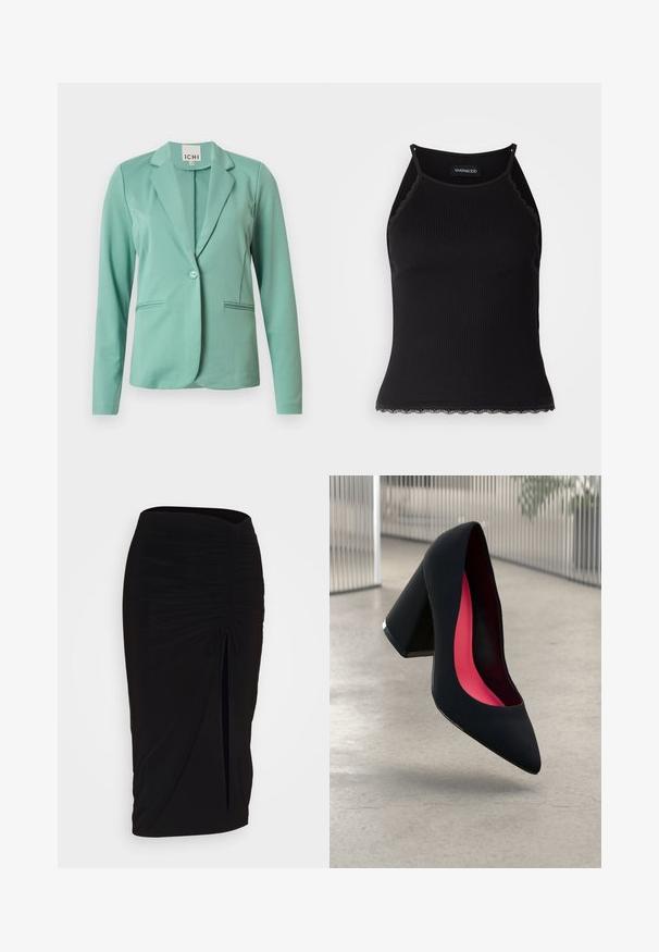 Minta zelena blazer s posamezno gumbno zaporo, zareznimi klapavicami, dvema sprednjima žepoma in gladko teksturo. Oznaka blagovne znamke vidna znotraj ovratnika.; Črn rebrast top brez rokavov z valovitimi čipkastimi robovi na dnu. Ima tanke naramnice in oprijet kroj. Narejen je iz raztegljivega materiala.; Črna, nabrana svinčnik krilo z detajlom v obliki traku in stranskim razporkom. Narejeno iz raztegljive tkanine, ki se ponaša z gladko teksturo in oblikovanjem, ki se prilega telesu.; Črne visoke petke z nazobčanim prstom, teksturirano površino in živahnimi rožnatimi notranjimi deli. Imajo robustno peto z srebrnim akcentom.