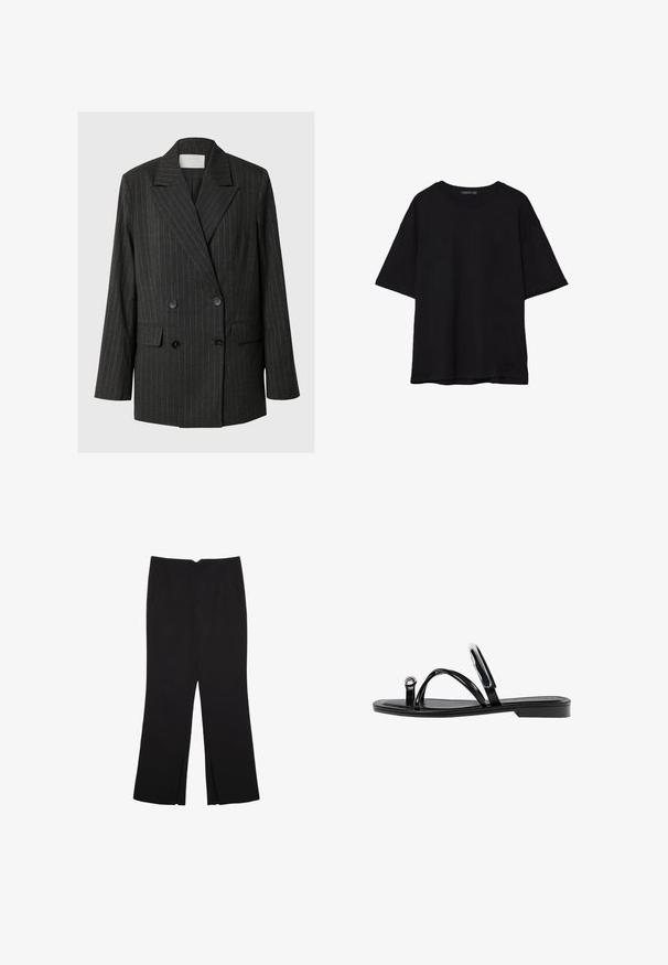 Temno siva dvoredna jakna s svetlo sivo prugicami, teksturirana tkanina, jakna z izrezom, dva sprednja žepa in črnimi gumbi.; Črna bombažna majica s sproščenim krojem, kratkimi rokavi, zaobljenim izrezom in gladko teksturo. Brez vidnih vzorcev ali dodatkov.; Črne hlače ravnega kroja z naglavnimi žepi in stranskimi razporki na robu. Narejene iz mehke, gladke tkanine. Primerne za različne priložnosti.; Črne ravne sandale s sijajno končno obdelavo, tremi tankimi trakovi in okroglo kovinsko podrobnostjo na prstih. Elegantna zasnova z minimalnim peto.