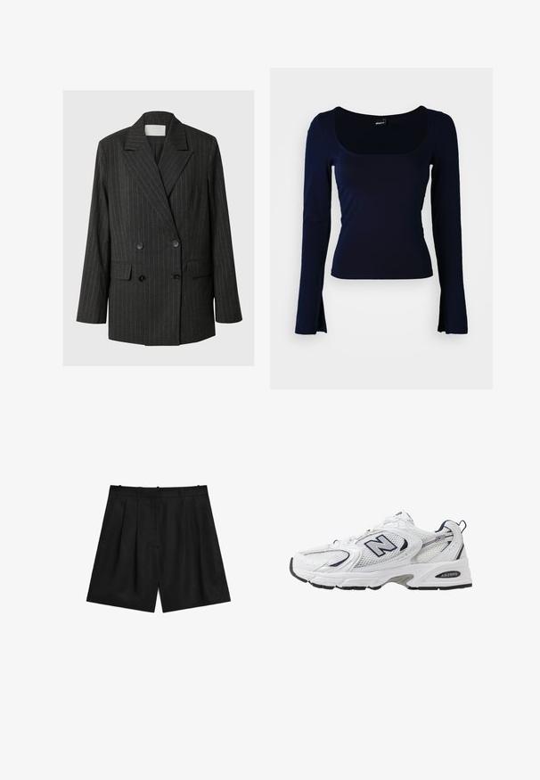 Blazer doppiopetto grigio scuro con righe sottili grigio chiaro, tessuto testurizzato, colletto a scasso, due tasche frontali e bottoni neri.; Maglietta a maniche lunghe di color navy con scollatura quadrata, realizzata in un tessuto morbido e elasticizzato. Presenta un design aderente e maniche leggermente svasate.; Pantaloni corti neri su misura realizzati in un tessuto liscio e leggero. Presentano pinces, due tasche laterali e un design della vita pulito.; Scarpa sportiva bianca con tomaia in mesh, dettagli in blu marino e suola imbottita. Presenta il logo "N", lacci e dettaglio texturizzato sul lato.