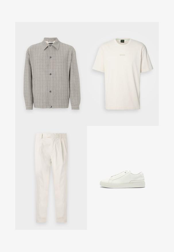 Harmaan ruutukuosiset takki, joka on valmistettu teksturoidusta kankaasta. Takissa on kaulus, etupainonappikiinnitys ja pitkät hihat.; BOSS TEE - T-paita - open white; Valkoiset, laskostetut housut, joissa on räätälöity istuvuus. Housut ovat sileäpintaiset, niissä on vyölenkit ja kapenevat lahkeet. Ei näkyviä taskuja tai kuvioita.; Valkoinen nahkakenkä, jossa on teksturoitu yläosa, pyöreä kärki, minimalistinen muotoilu ja kumipohja, jossa on ommeltu yksityiskohta.