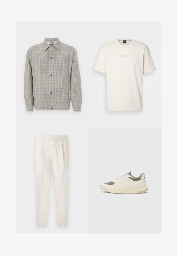 Siva karirana jakna od teksturiranog materijala, s ovratnikom, zatvaranjem na gumbe sprijeda i dugim rukavima.; BOSS TEE - Osnovna majica kratkih rukava - open white; Bijele, naborane hlače s krojem po mjeri, koje imaju glatku teksturu, petlje za pojas i sužene nogavice. Nema vidljivih džepova ili uzoraka.; Bijele i svijetlosmeđe sportske tenisice, sa mrežastim gornjim dijelom, perforiranim detaljima i teksturiranim međutrakom sa brendom na peti.